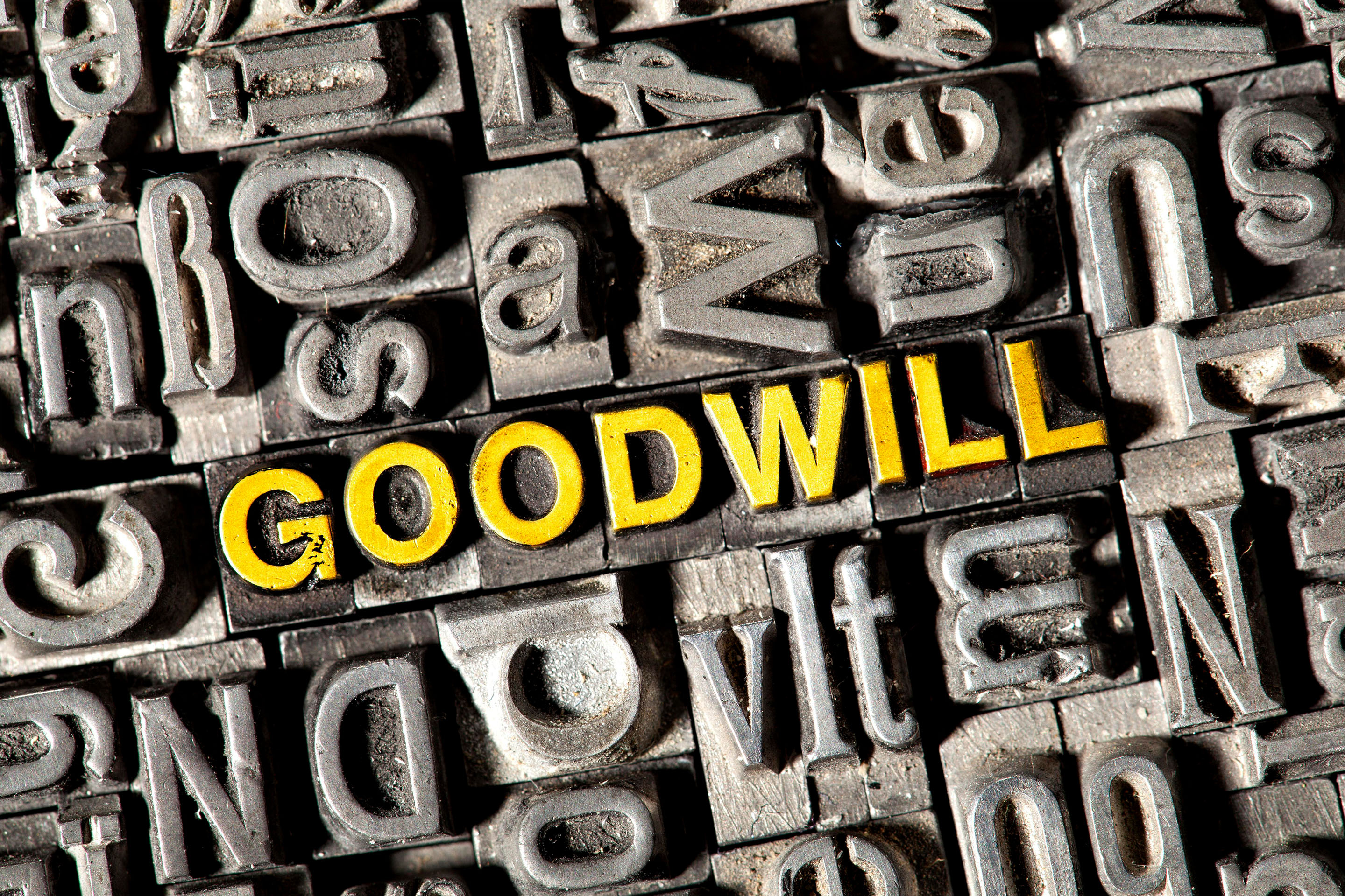 Alte Bleilettern bilden das englische Wort 'GOODWILL' 