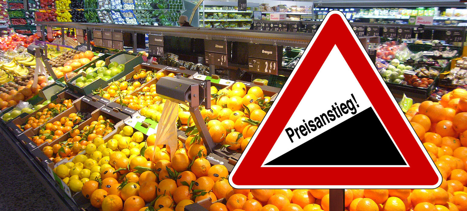 Preisanstieg bei Lebensmittel,Zitrusfruechte,Orangen,Clementinen,Lebensmittelregal,Supermarkt,Teuerung,Teuerungsrate,Inflation. 