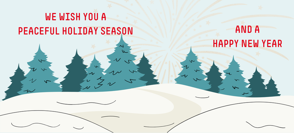 Landscape with snow, trees and seasons greetings