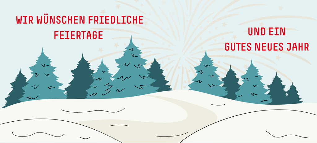 Schneelandschaft mit Tannenbäumen und einem Weihnachtsgruß im Himmel