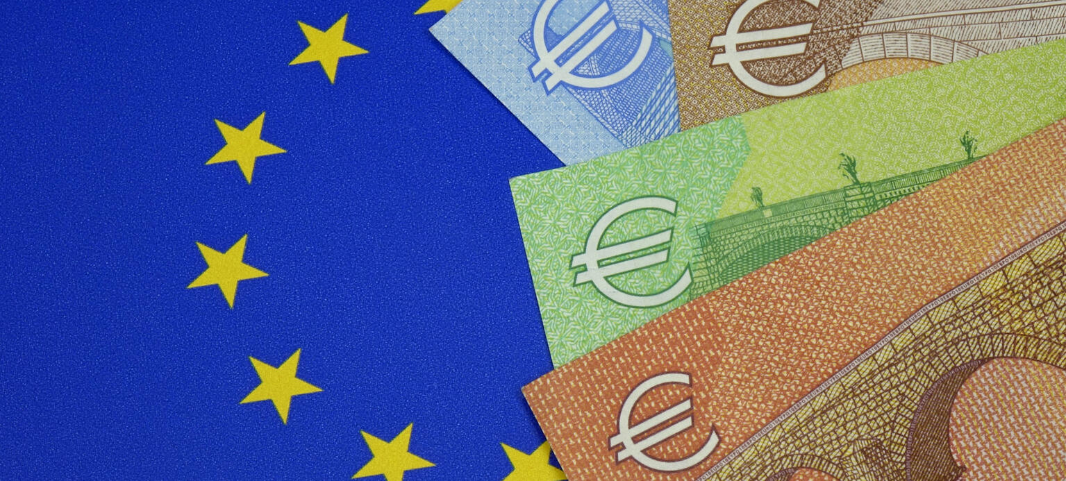 Auf einer Europafahne liegen Geldscheine. 