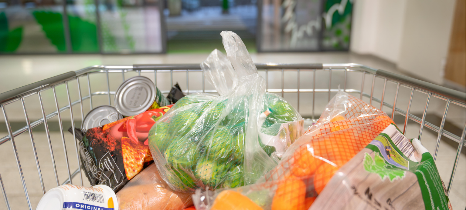 Frisches Gemüse und Konserven im Einkaufswagen, Lebensmitteleinkauf, Supermarkt in Trier, Deutschland, Preiserhöhung, hohe Lebenshaltungskosten, Inflation